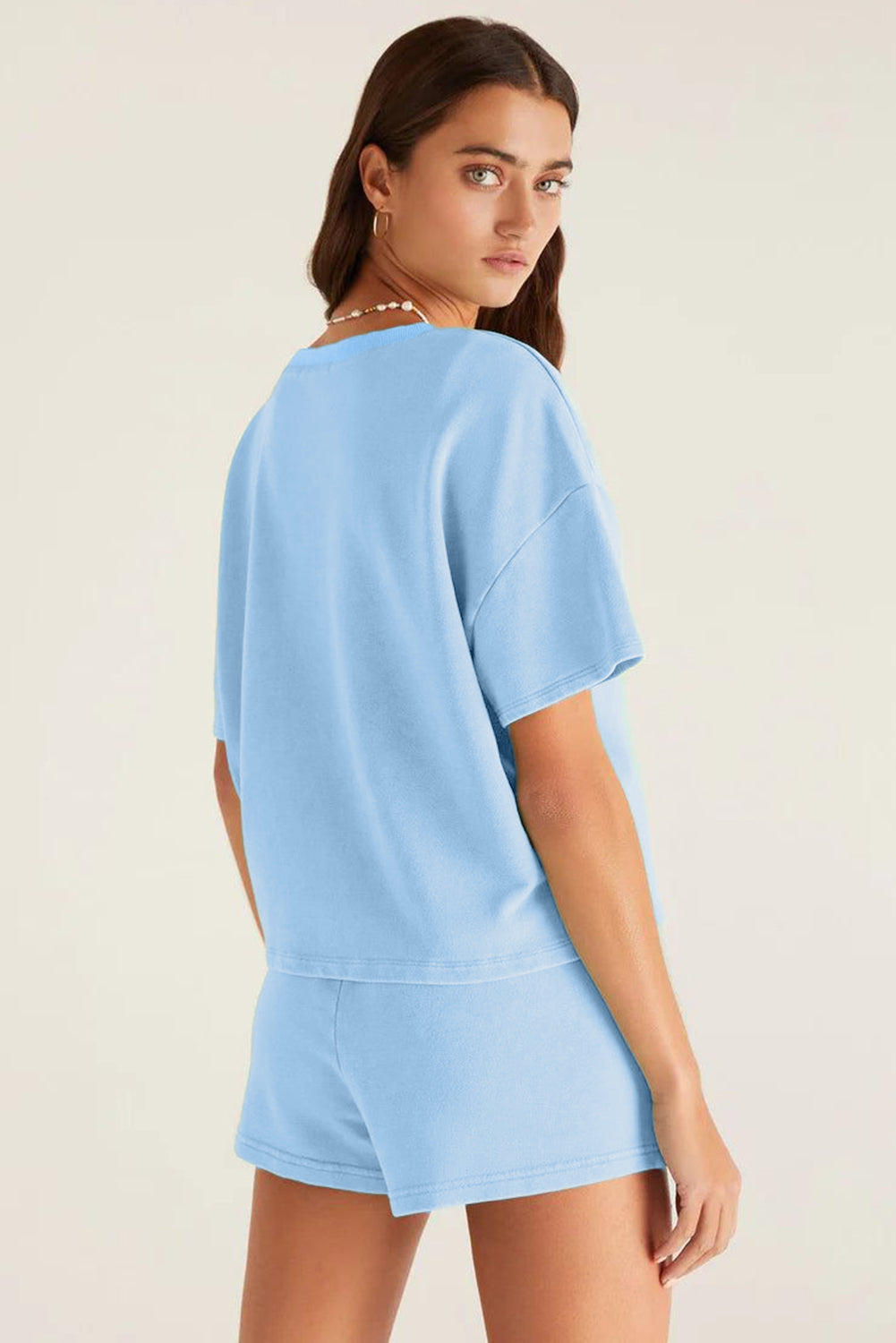 Drop Shoulder Tee and Patchwork Drawstring Shorts Set