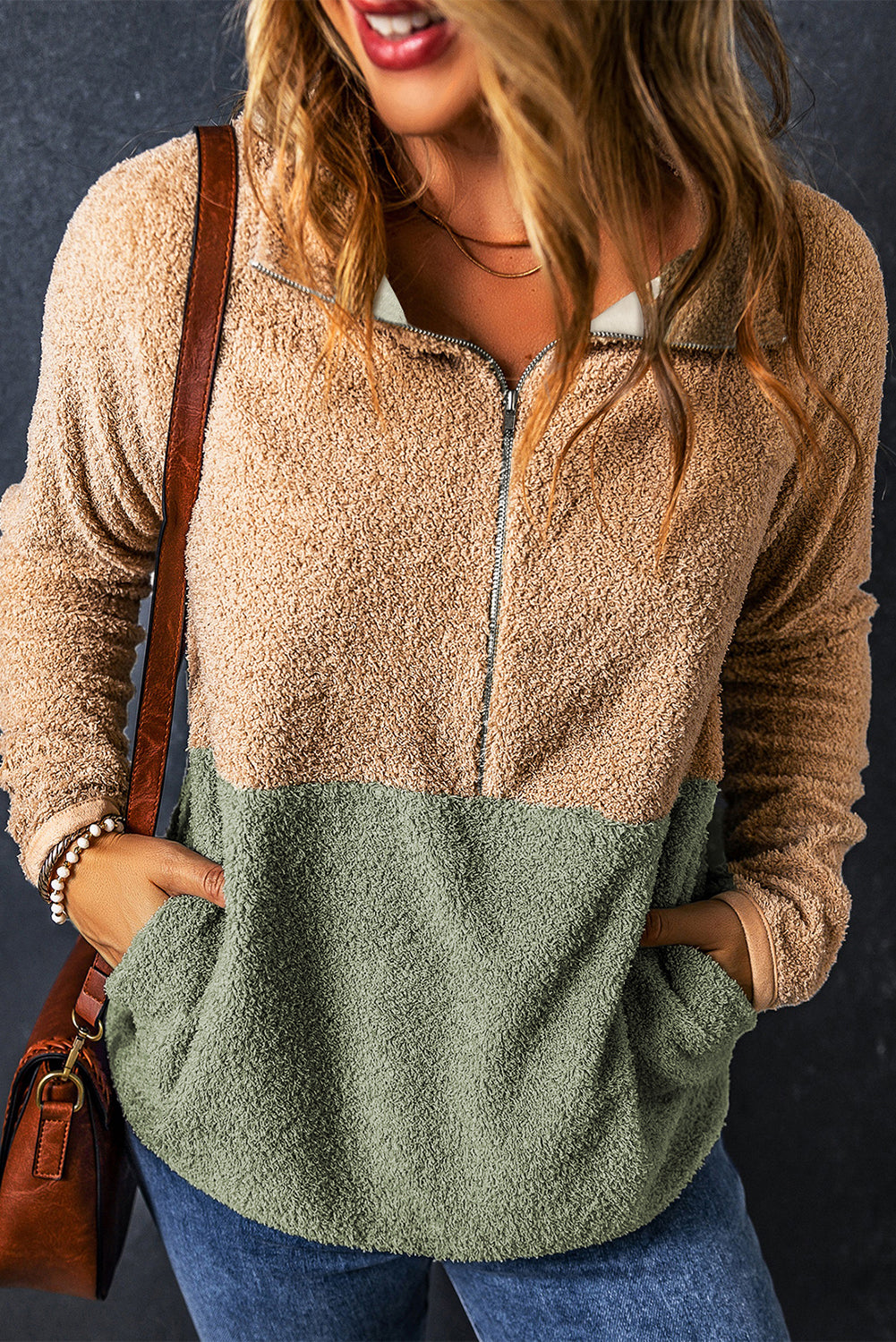 Two Toned Color Block Half Zip Fleece Sweatshirt
