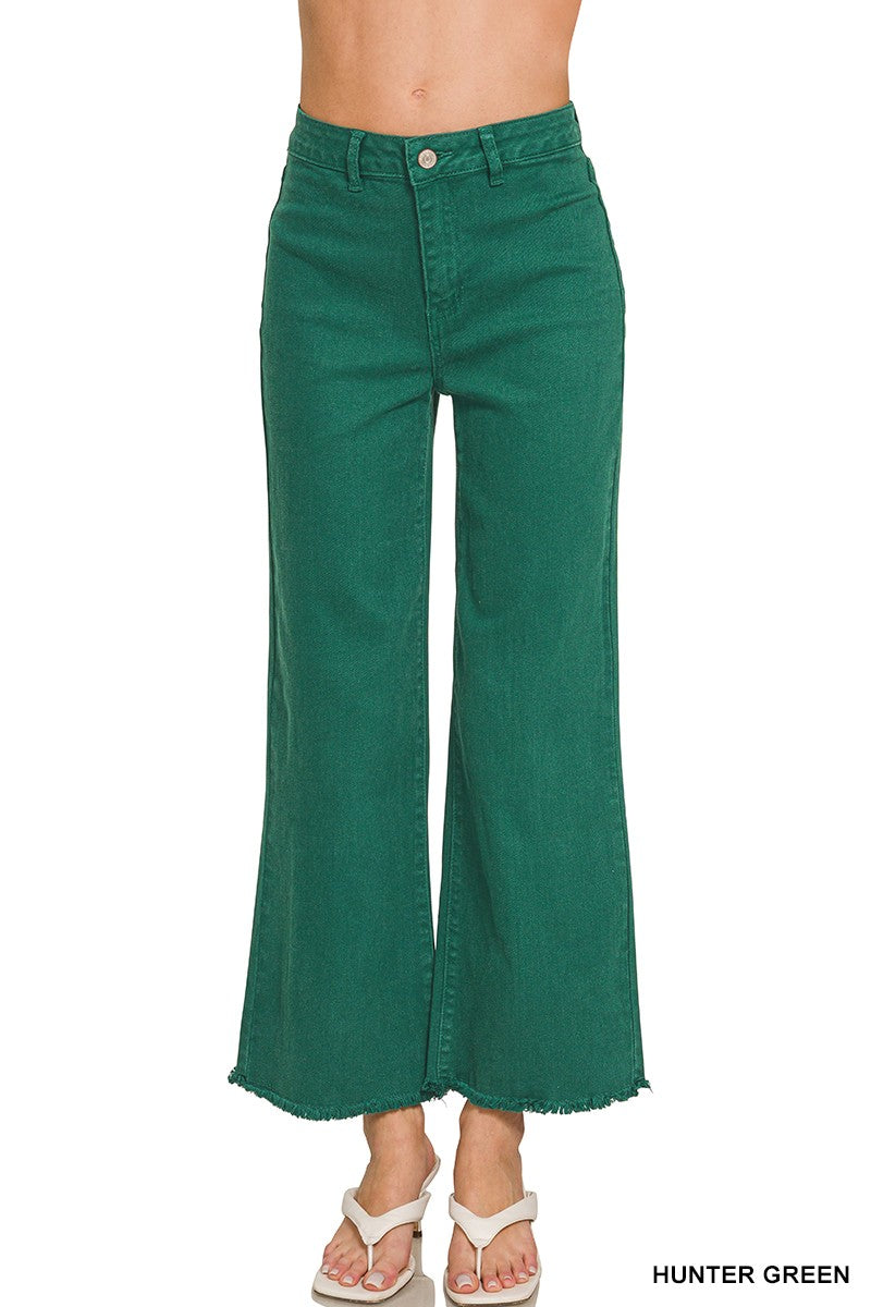 Acid Washed Frayed Cutoff Hem Straight Wide Pants- Zenana