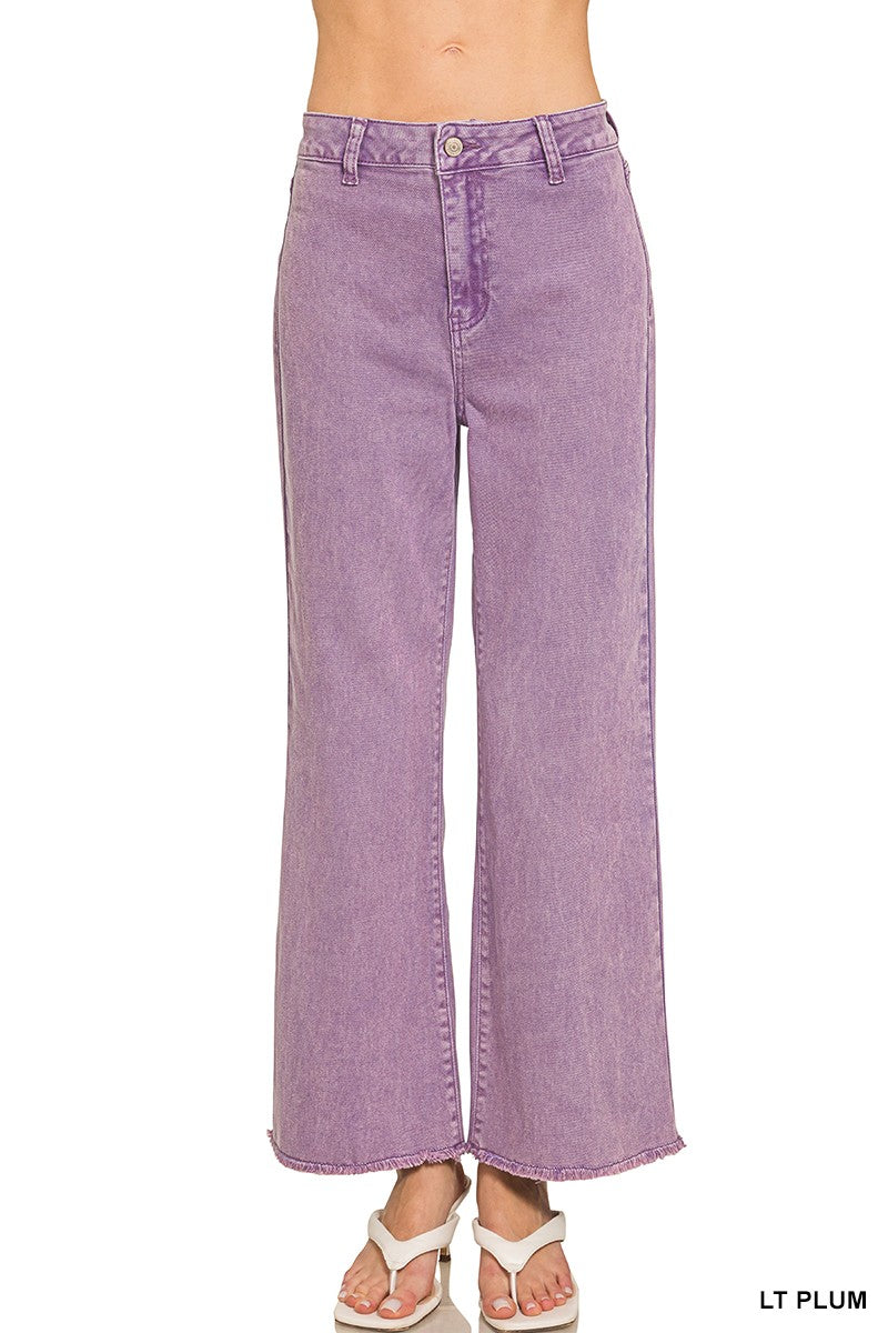 Acid Washed Frayed Cutoff Hem Straight Wide Pants- Zenana