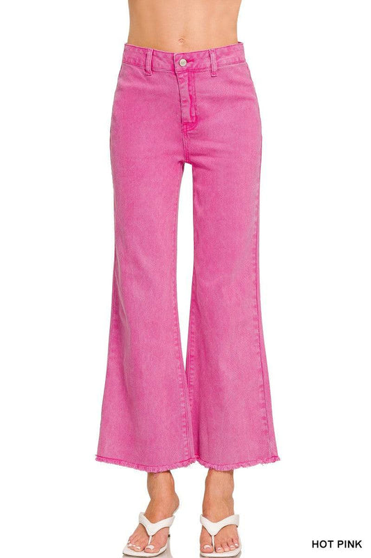 Zenana Acid Washed Frayed Cutoff Hem Straight Wide Pants