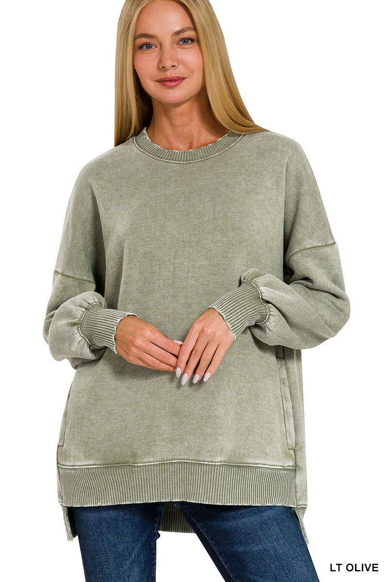 Zenana- Acid Wash Fleece Hi-low Hem Pullover