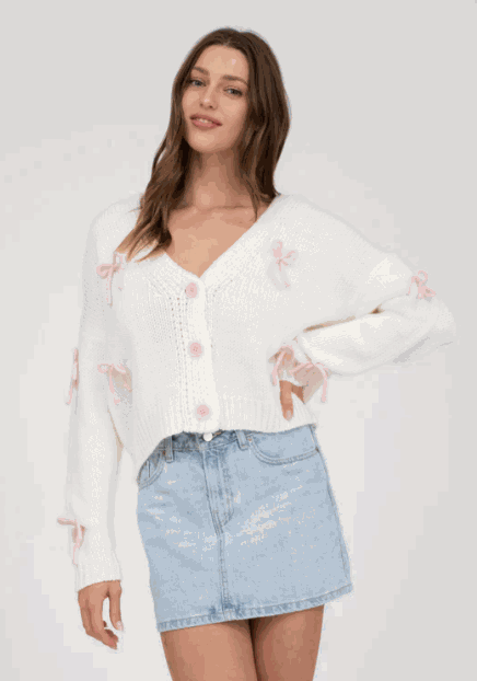 BOW DETAIL BUTTON DOWN CROPPED KNIT CARDIGAN