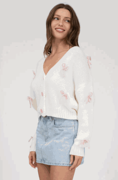 BOW DETAIL BUTTON DOWN CROPPED KNIT CARDIGAN