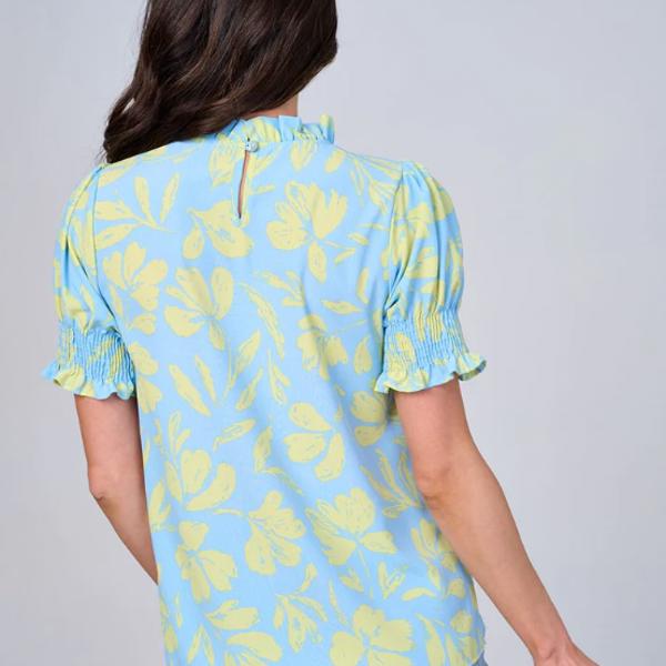 SHORT SLEEVED MOCK NECK LEAF PRINT BLOUSE