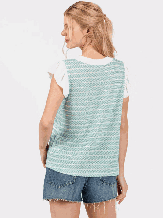 WOMEN'S SHORT RUFFLE SLEEVE STRIPES COLORBLOCK BLOUSE