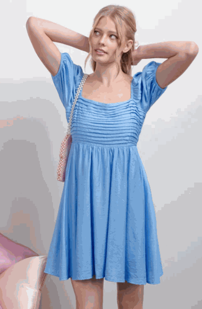 PLEATED DETAIL PUFF SLEEVE MINI DRESS