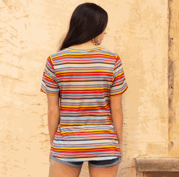 Striped Half Sleeve Top with Sequin Pocket