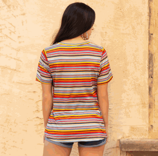Striped Half Sleeve Top with Sequin Pocket