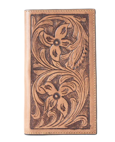 Tan leather "MYRA- Brian Brown Men's Wallet" with intricate thread work, user-friendly size, and elegant design.