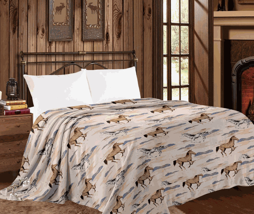 Mia Throw Blanket with horse design in queen size on a bed in a cozy room setting.