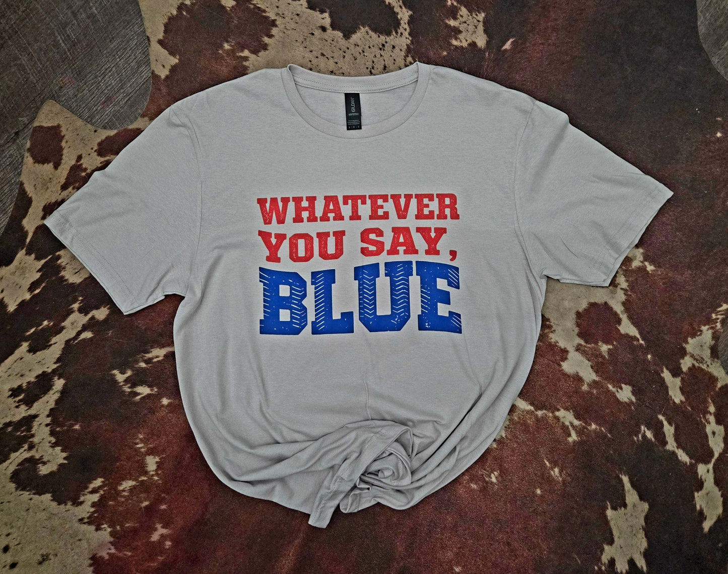 Whatever You Say, Blue graphic tee with baseball design and humorous text