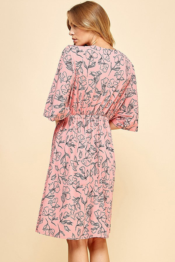 FLORAL DOLMAN SLEEVES FAUX WRAP SHORT DRESS