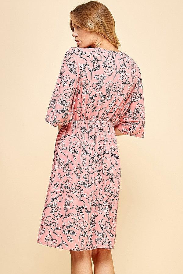 FLORAL DOLMAN SLEEVES FAUX WRAP SHORT DRESS