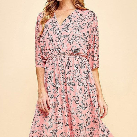 FLORAL DOLMAN SLEEVES FAUX WRAP SHORT DRESS