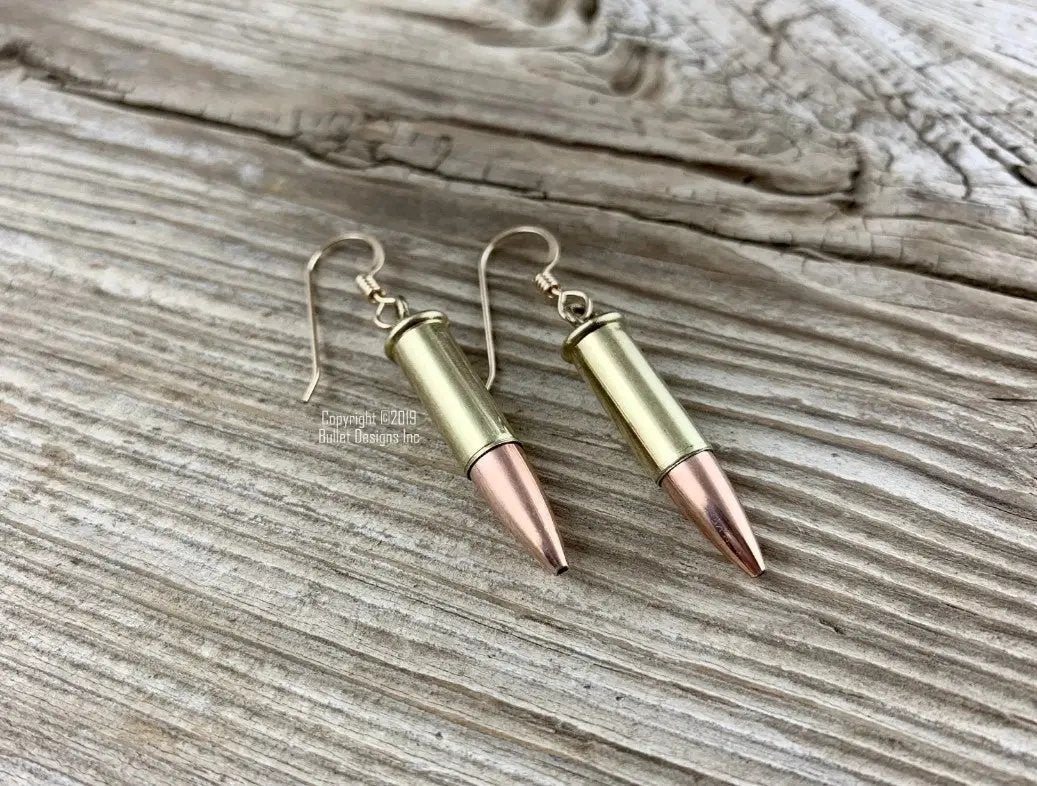 22 Caliber Bullet Dangle Earrings in Brass, Dangle Bullet Earrings, Gold plated Stainless Steel Earwires