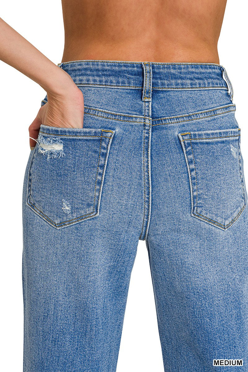 ZENANA- High Waist Straight Leg Medium Wash Denim Pants