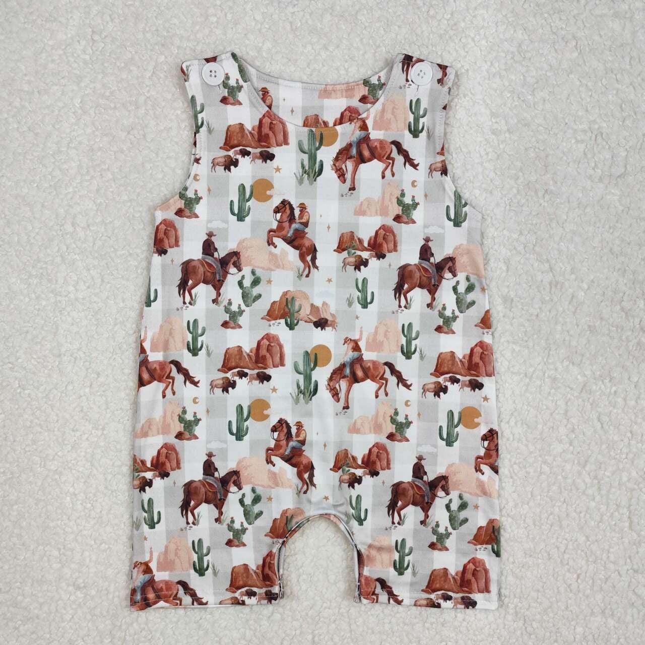 Child's sleeveless western romper with cactus and cow plaid print
