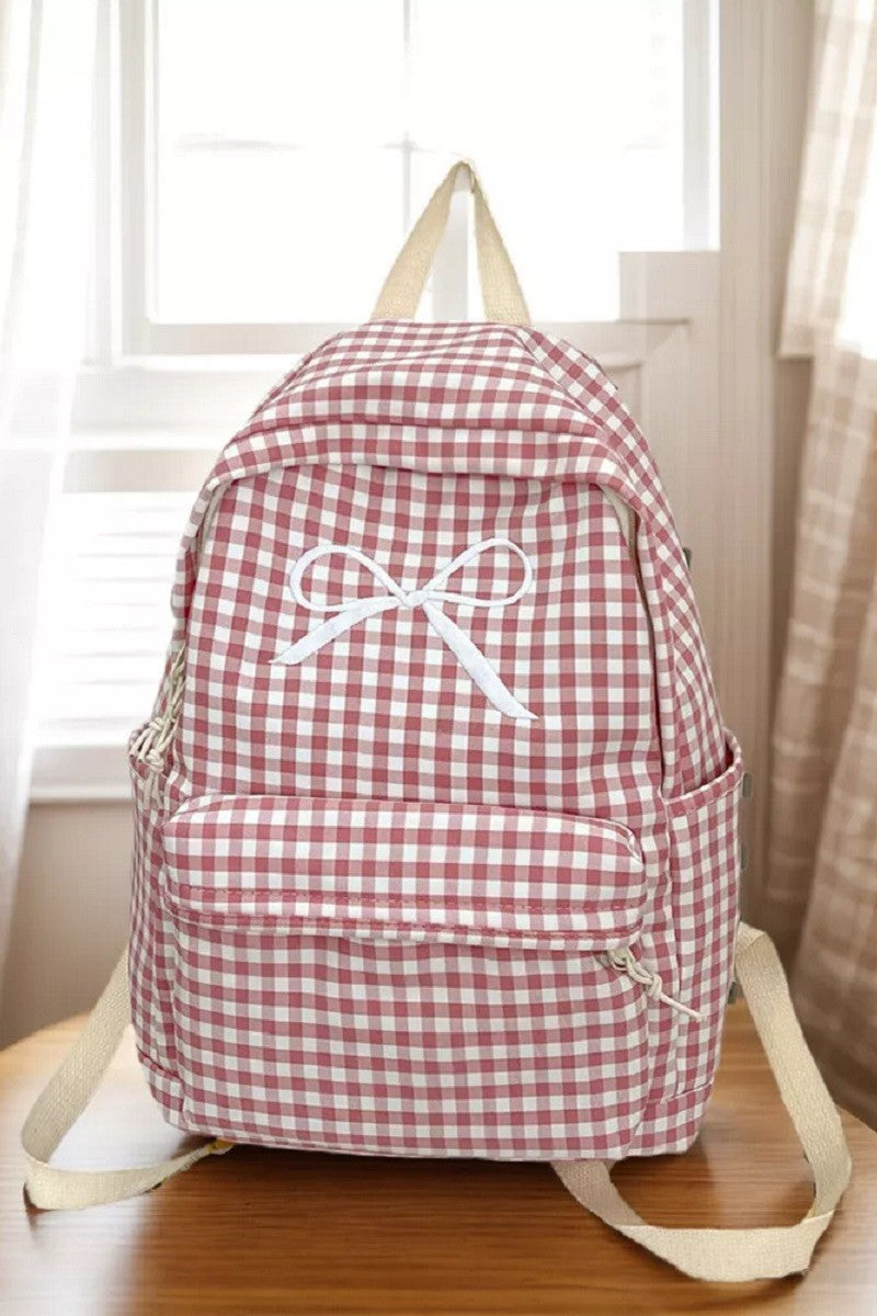 Coquette Bow Embroidered Checkered Backpack