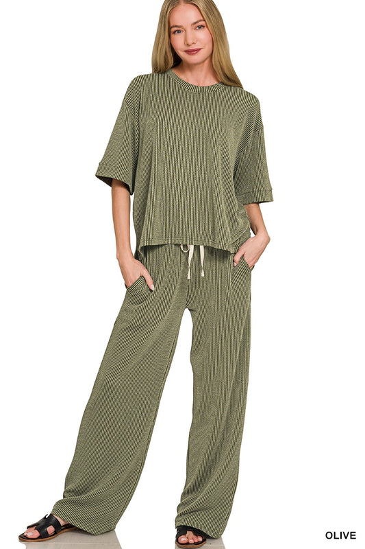 ZENANA- Raised Rib Short Sleeve Tee & Pants Set