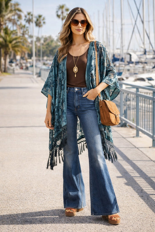 Velvet Burnout Midi Kimono With Tassel Hem