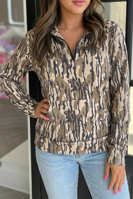 Camouflage Zipper Collar Pullover Sweatshirt - model second front view