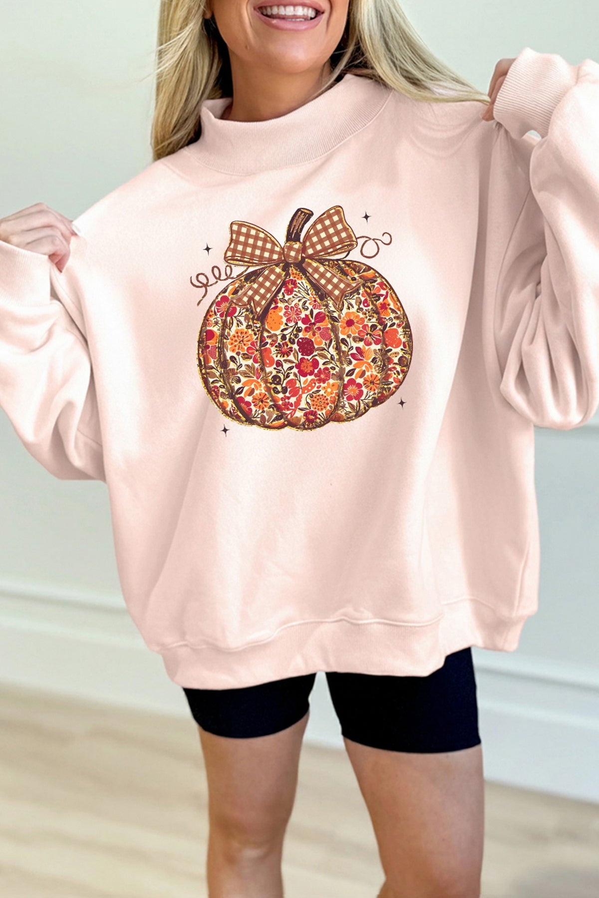 Halloween Floral Pumpkin Mock Neck Sweatshirt - graphic detail close up