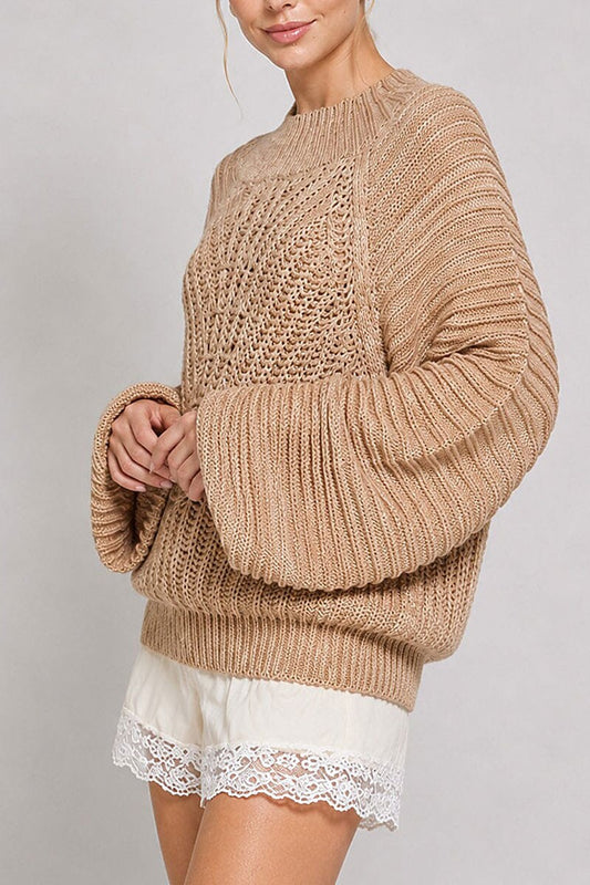 Long Balloon Sleeve Knit Pullover Sweater - styled street look