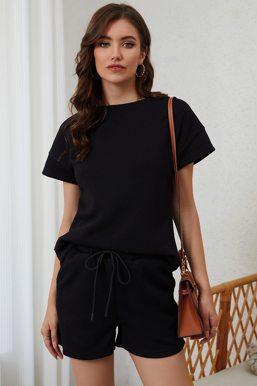 Solid Textured Drawstring Shorts Set