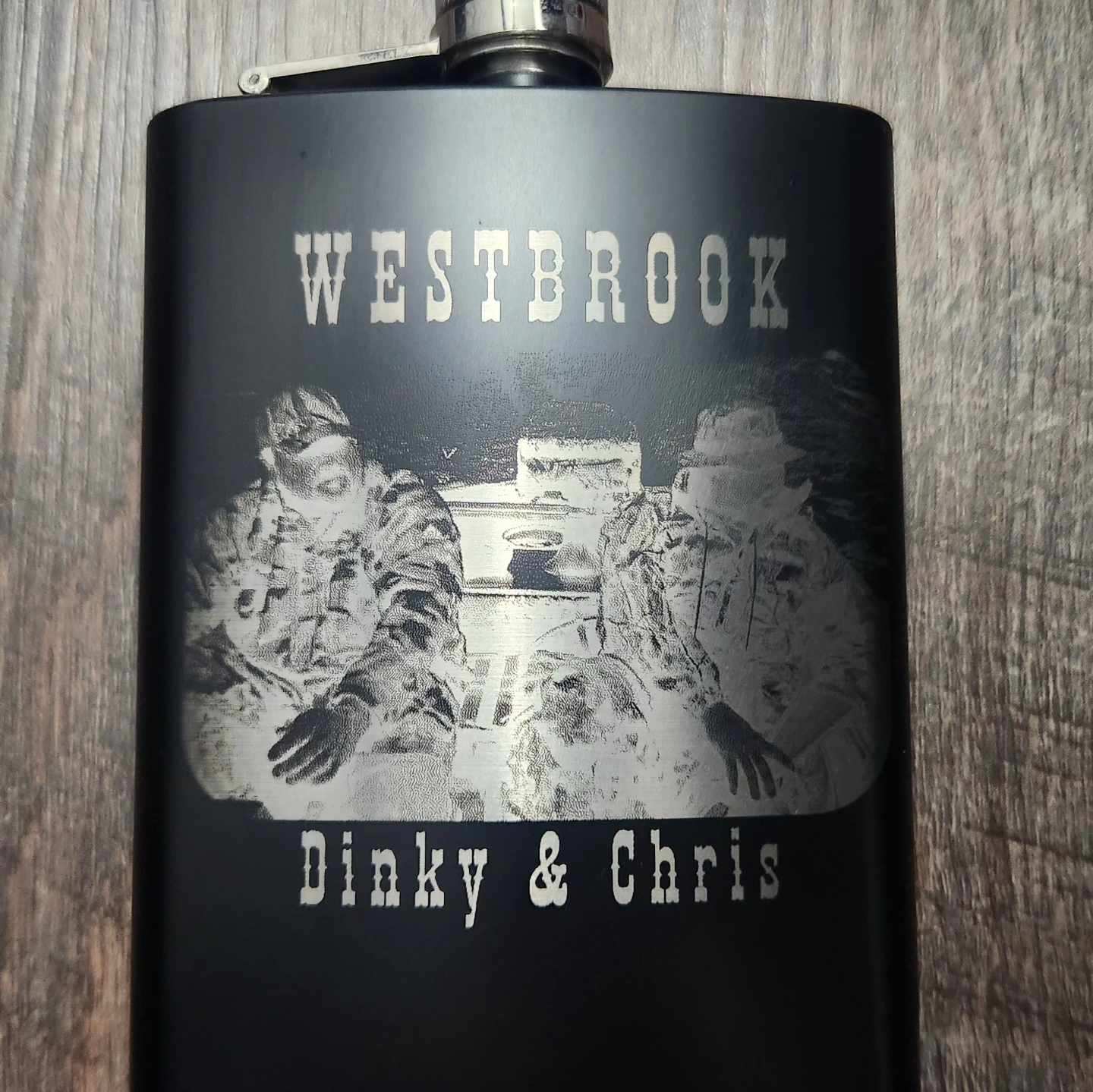 Personalized flask with engraved photo and names, stainless steel, 8 oz, 100% leakproof cap.