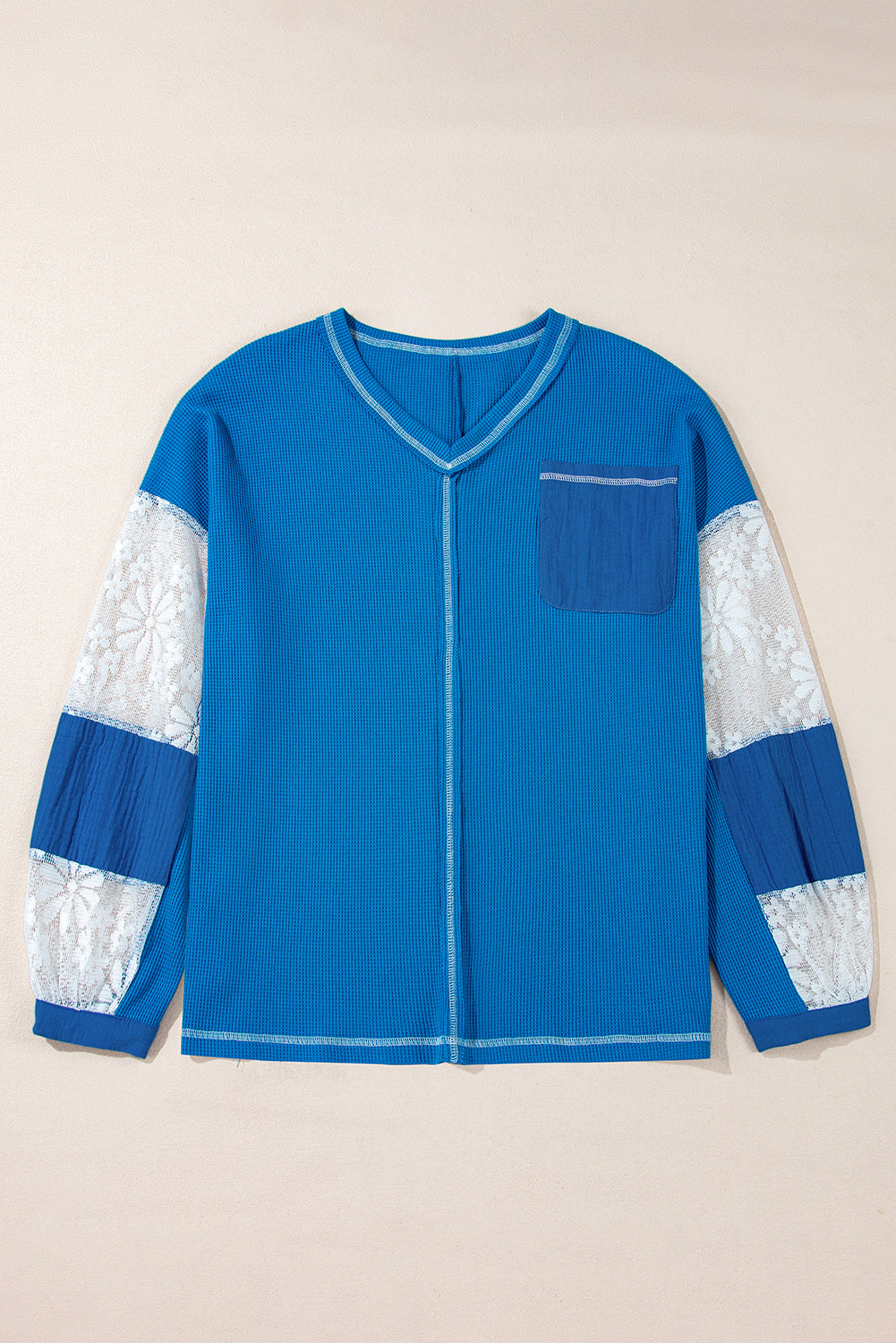 Lace Floral Patchwork Sleeve Stitching V Neck Rib Knit Blouse