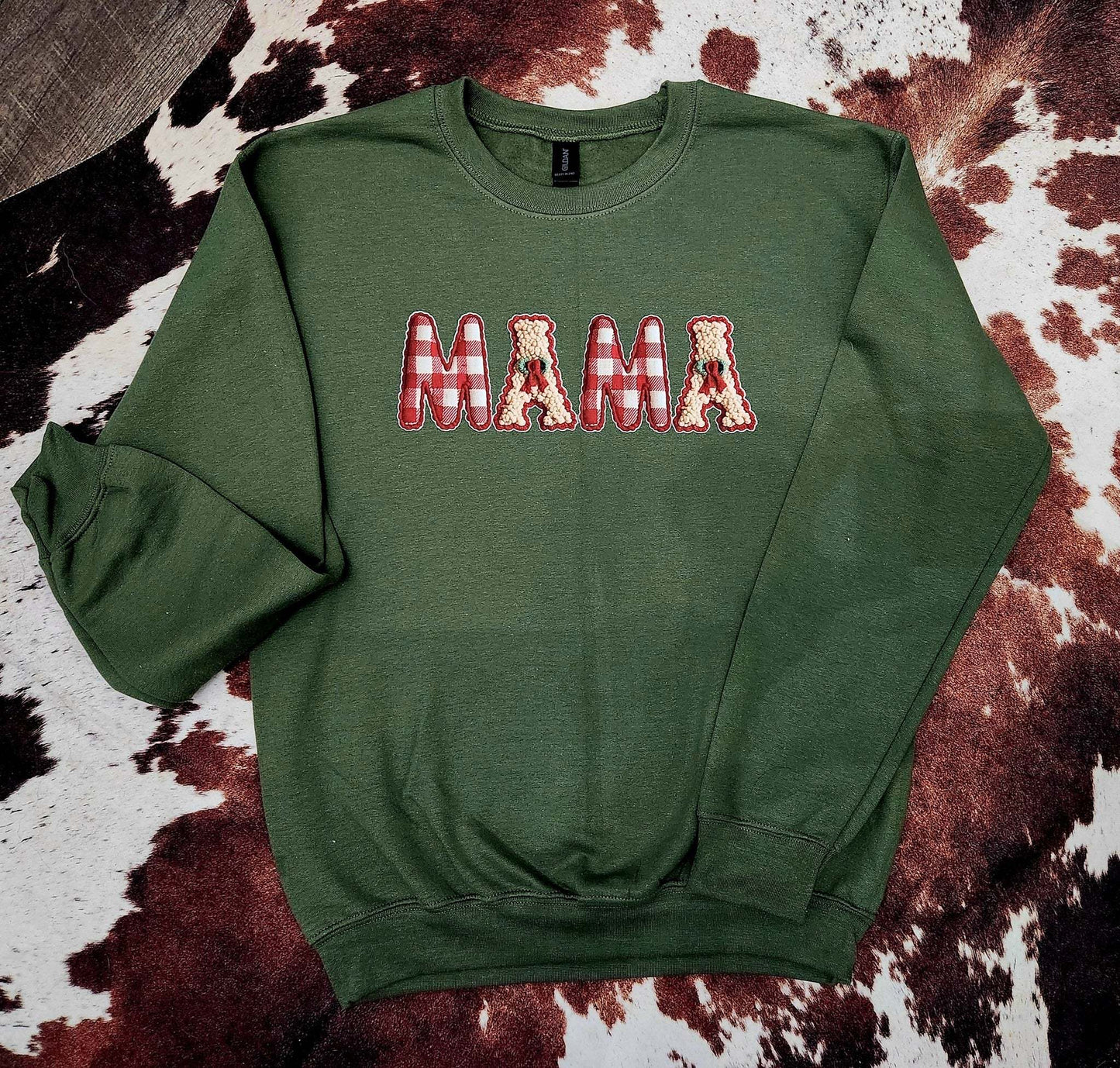 MAMA Christmas Sweatshirt vintage faux monogrammed design on military green cozy sweatshirt