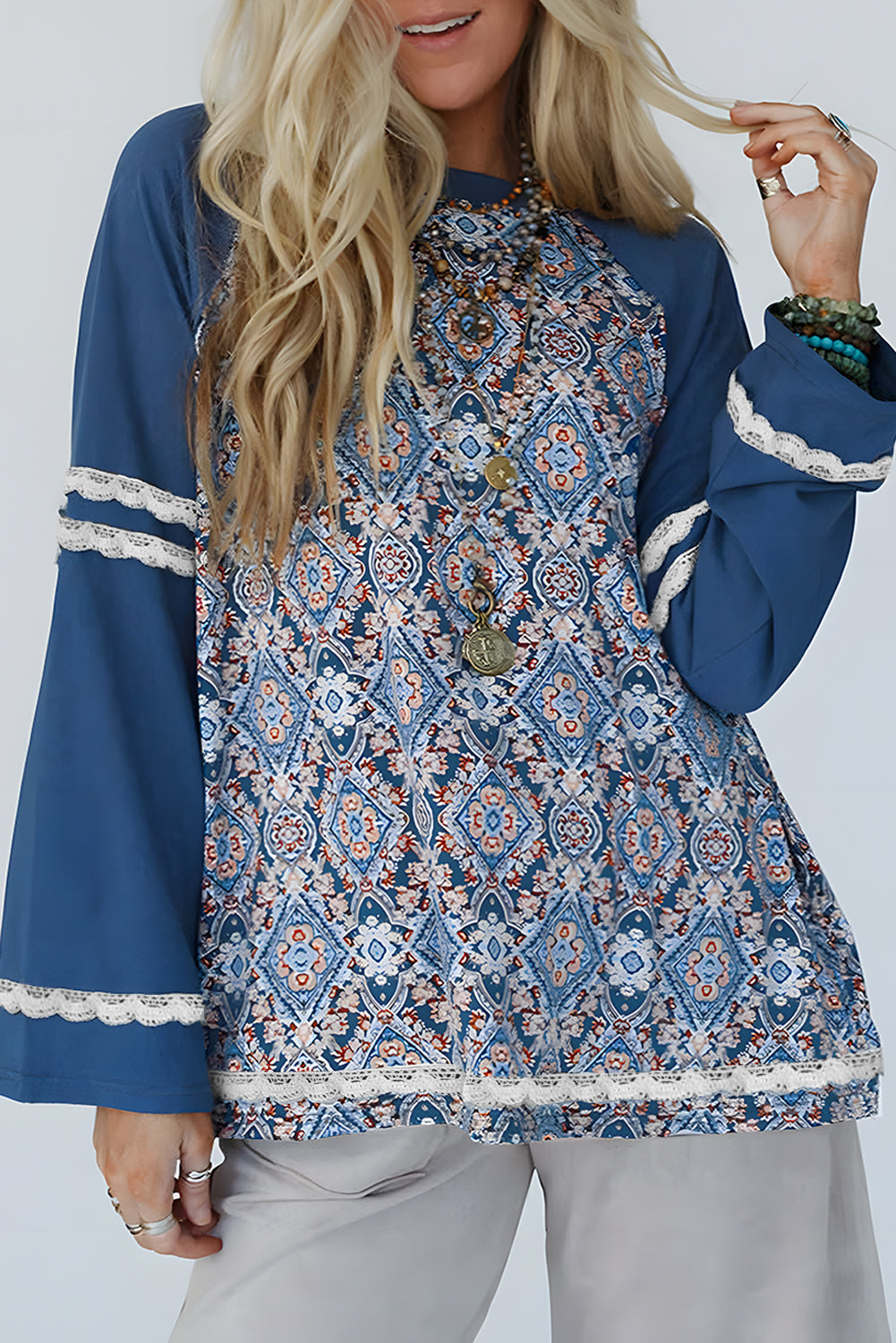 Lace Patchwork Ric Rac Raglan Long Sleeve Top