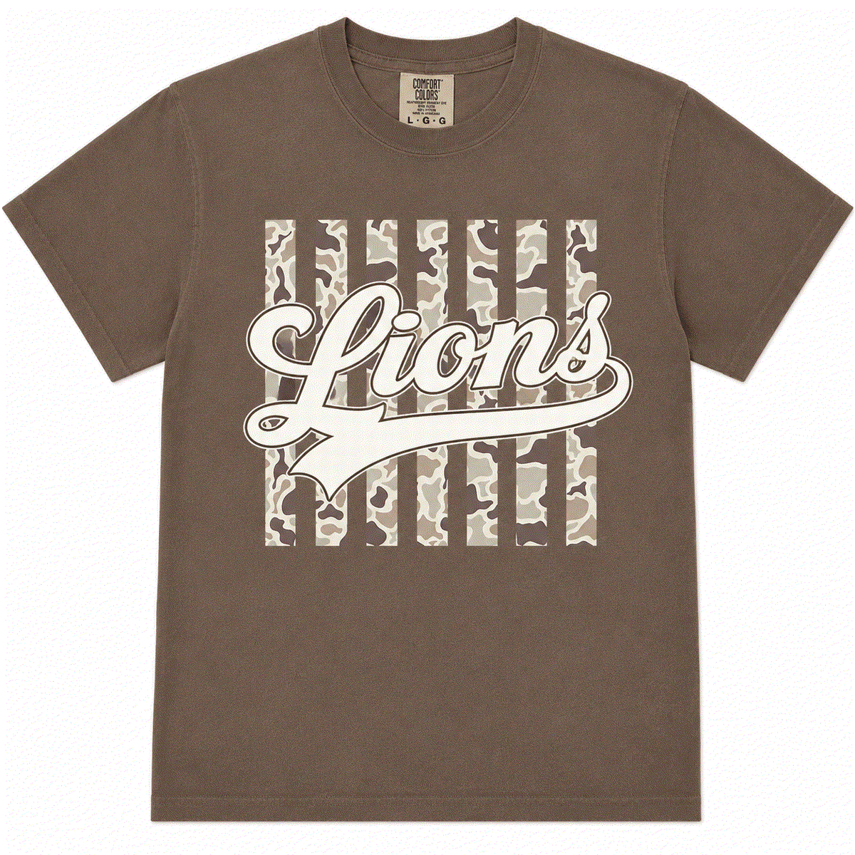 LIONS Game Day Tee in camo print with bold graphic for school spirit and relaxed fit