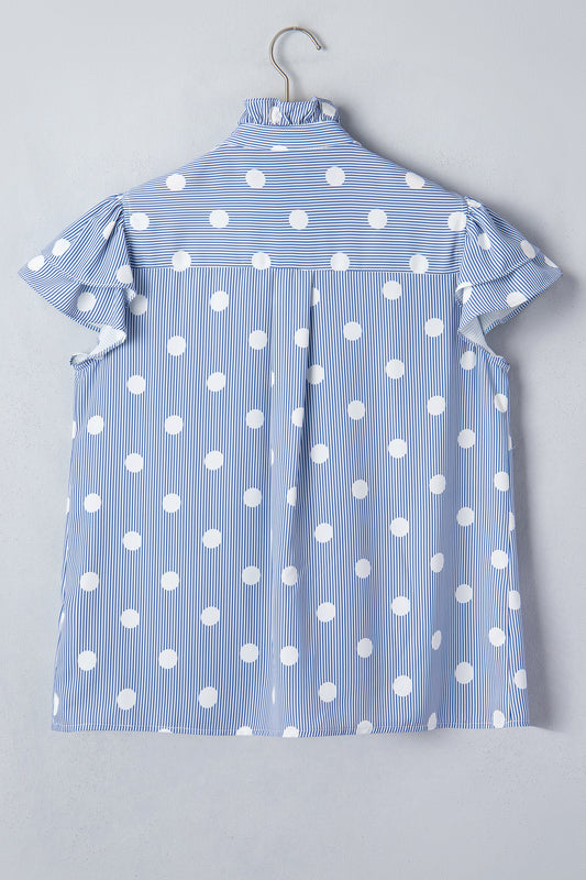 Sky Blue Stripe & Polka Dot Ruffle Sleeve Shirt