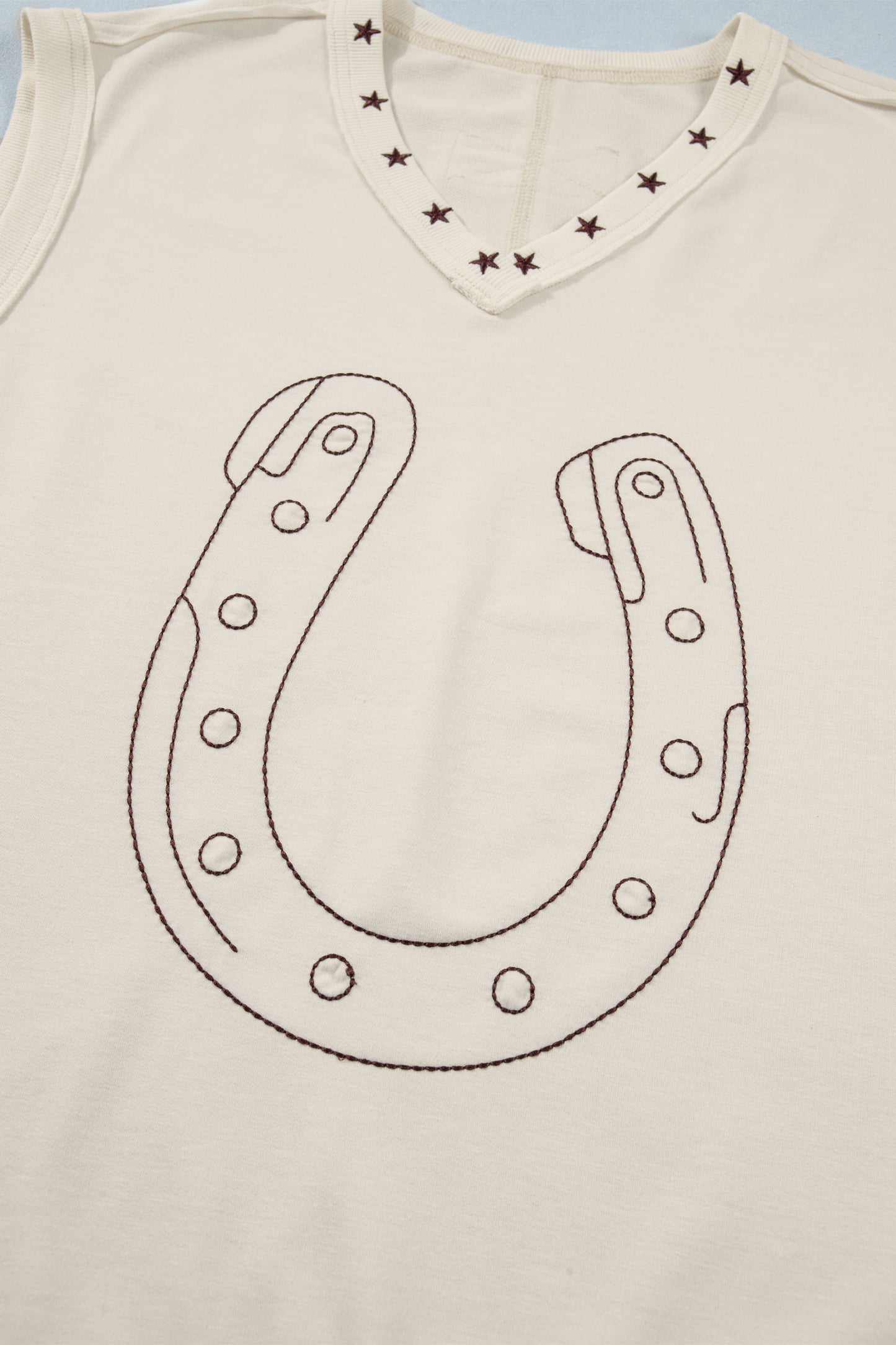 White Horseshoe Embroidered Star Trim Tank Top