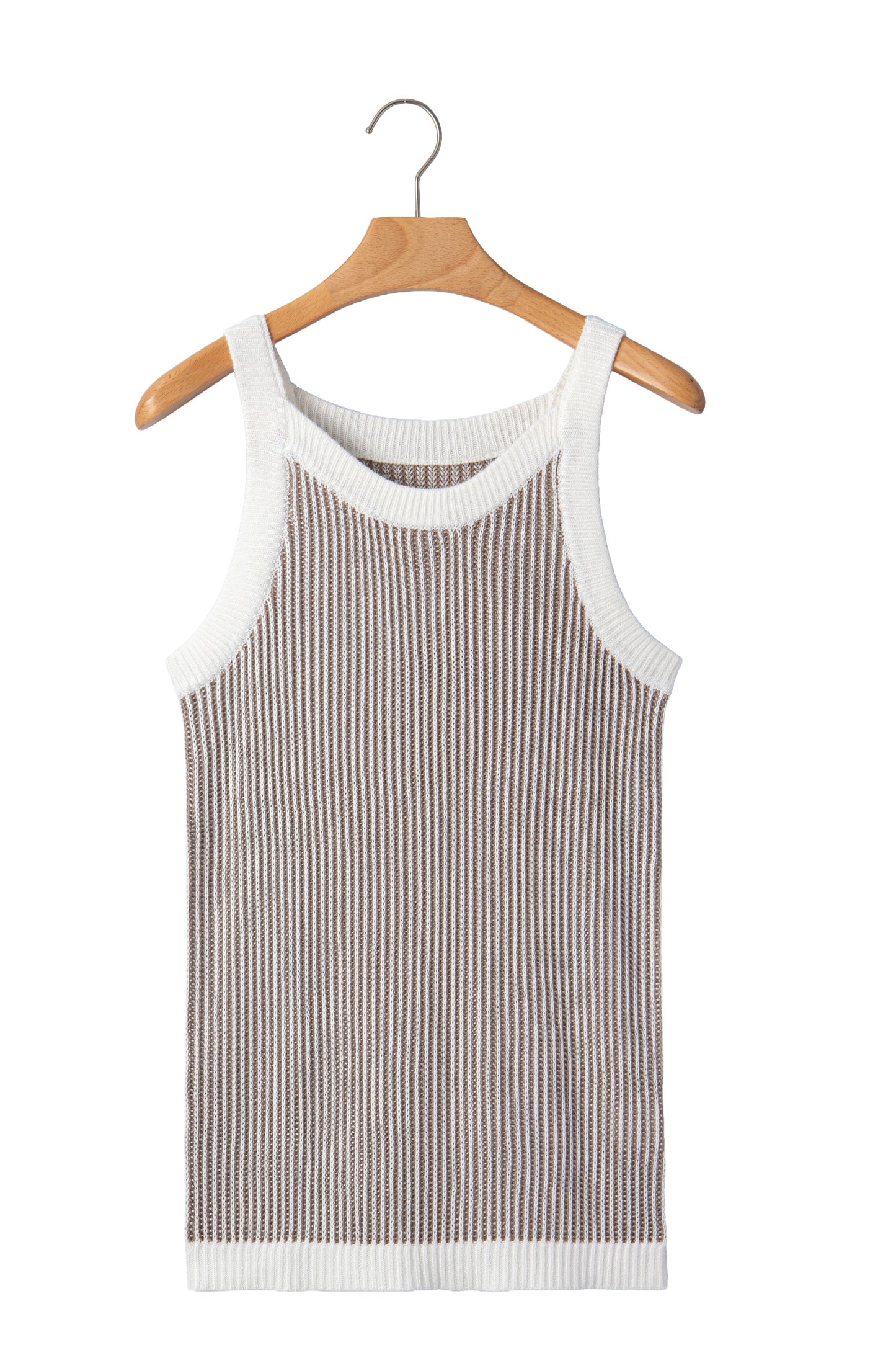 Pale khaki ribbed knit sweater tank - flat lay on hanger back view showing contrast trim at armholes and hem