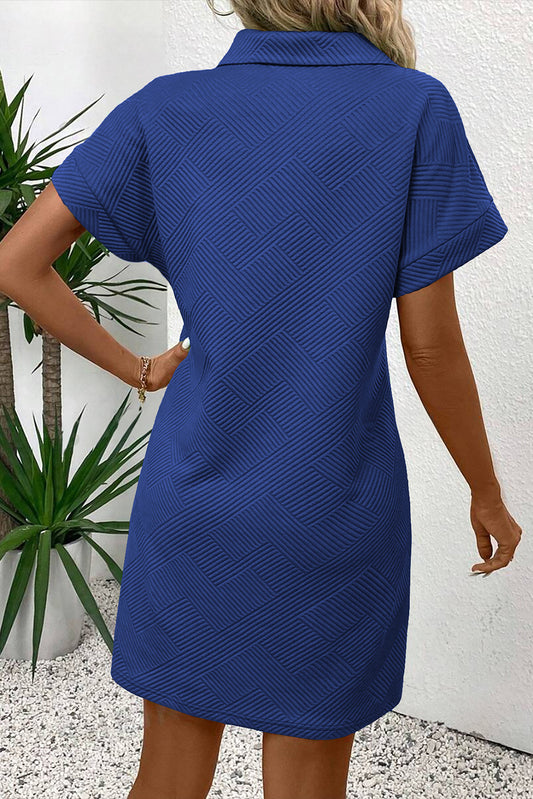 Blue Textured Polo Collar A-Line Mini Dress