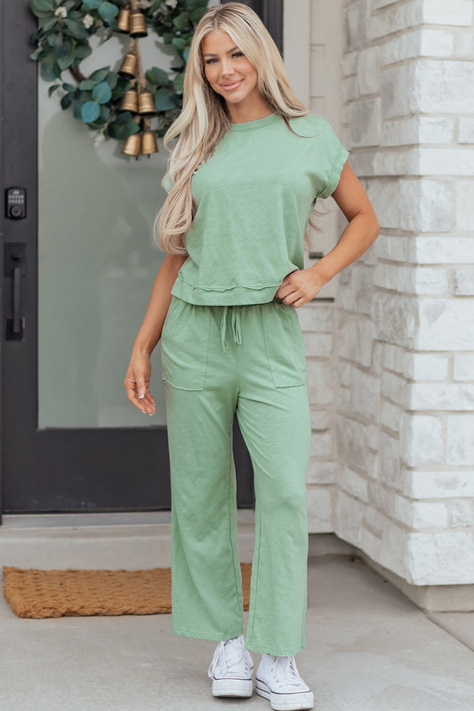 Cuffed Short Sleeve Tee Raw Seam Patch Pocket Drawstring Pants Set