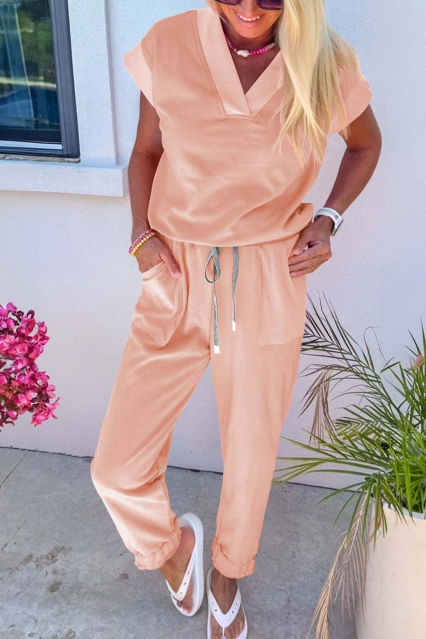 V Neck Tee Drawstring Pant Set