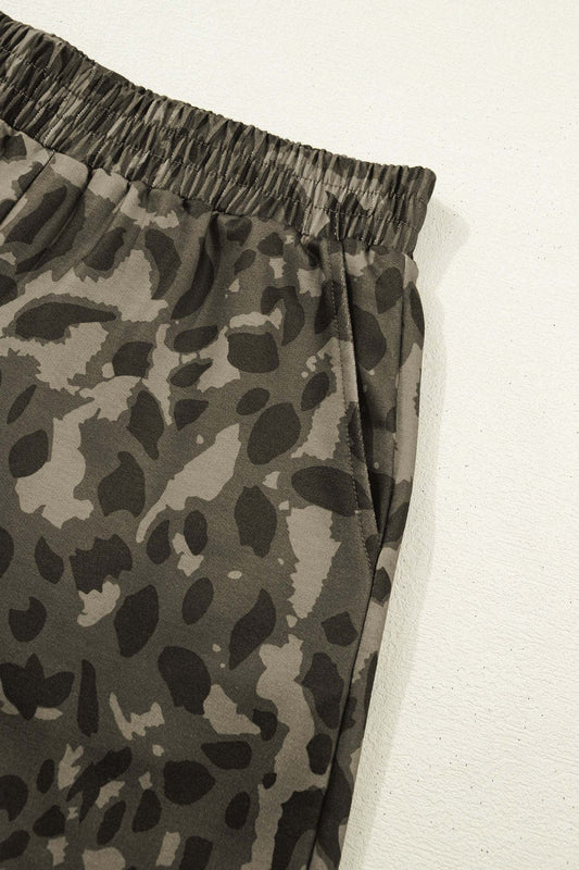 Olive Leopard Print Crew Neck Short Set