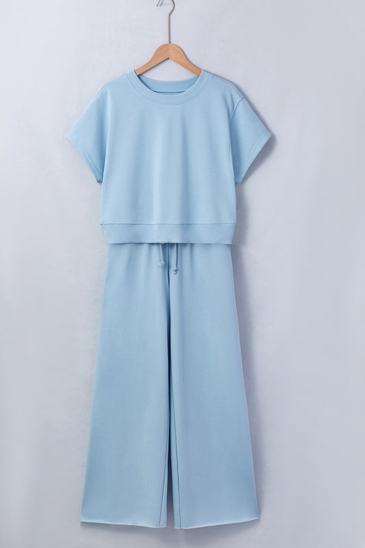 Mist Blue Loose Tee & Drawstring Wide Leg Pants Set