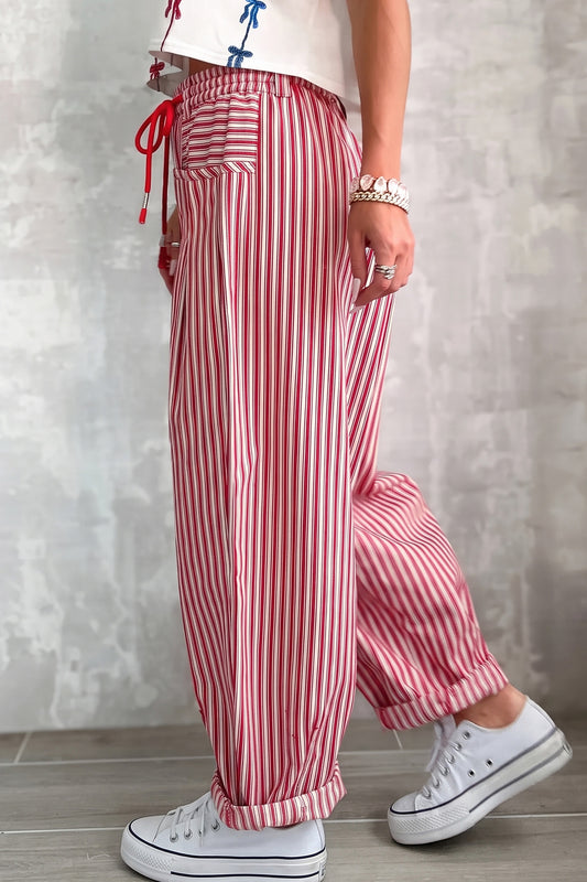 Red Stripe Cotton Drawstring Pants