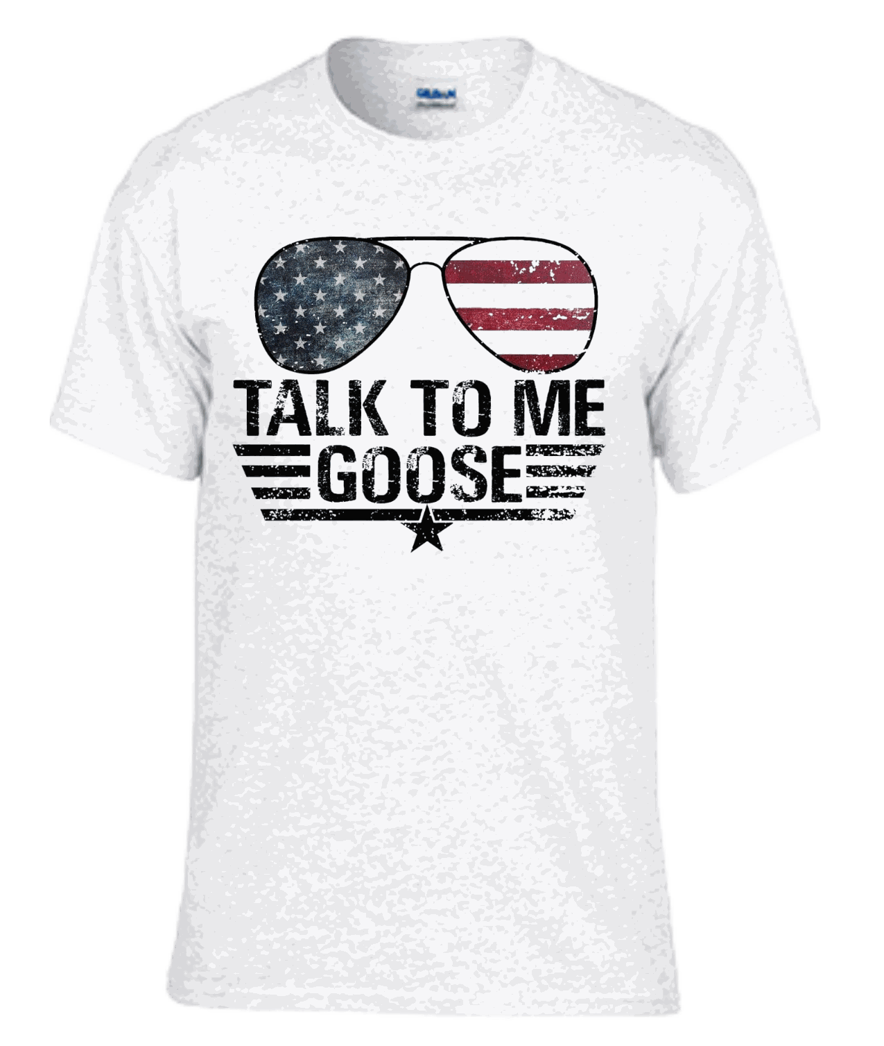 Talk To Me Goose patriotic t-shirt with playful goose and American flag design