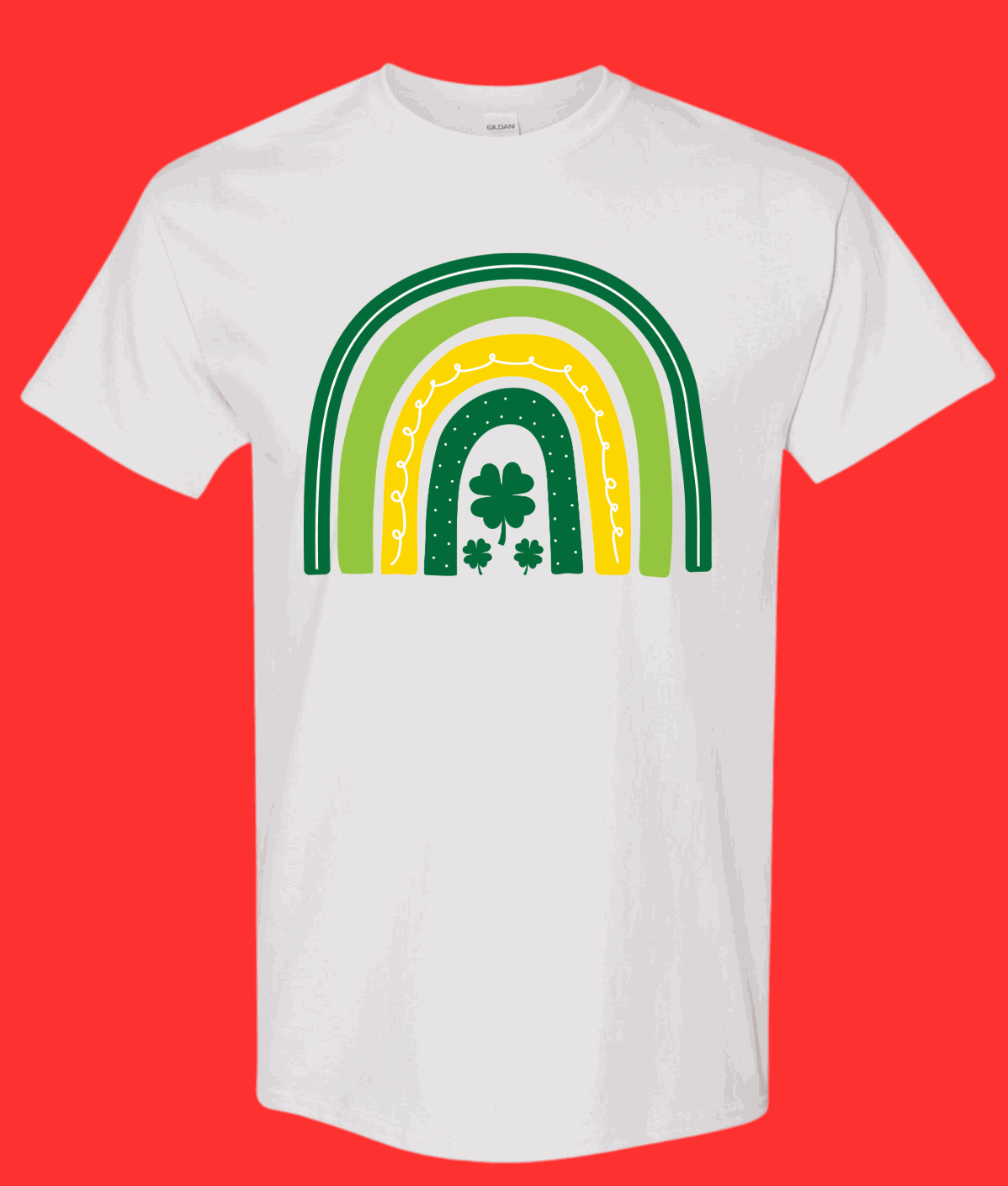St. Patrick's Day Rainbow shirt with green and yellow arch design on a white background.