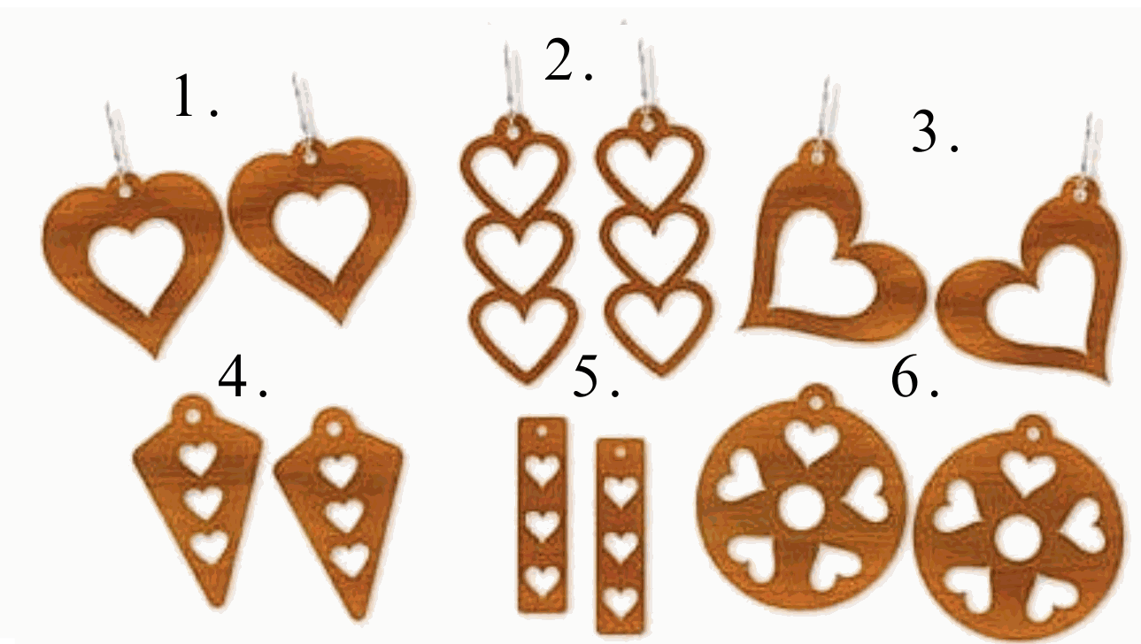 Wooden Valentine earrings with heart-shaped laser cut design and hypoallergenic hooks