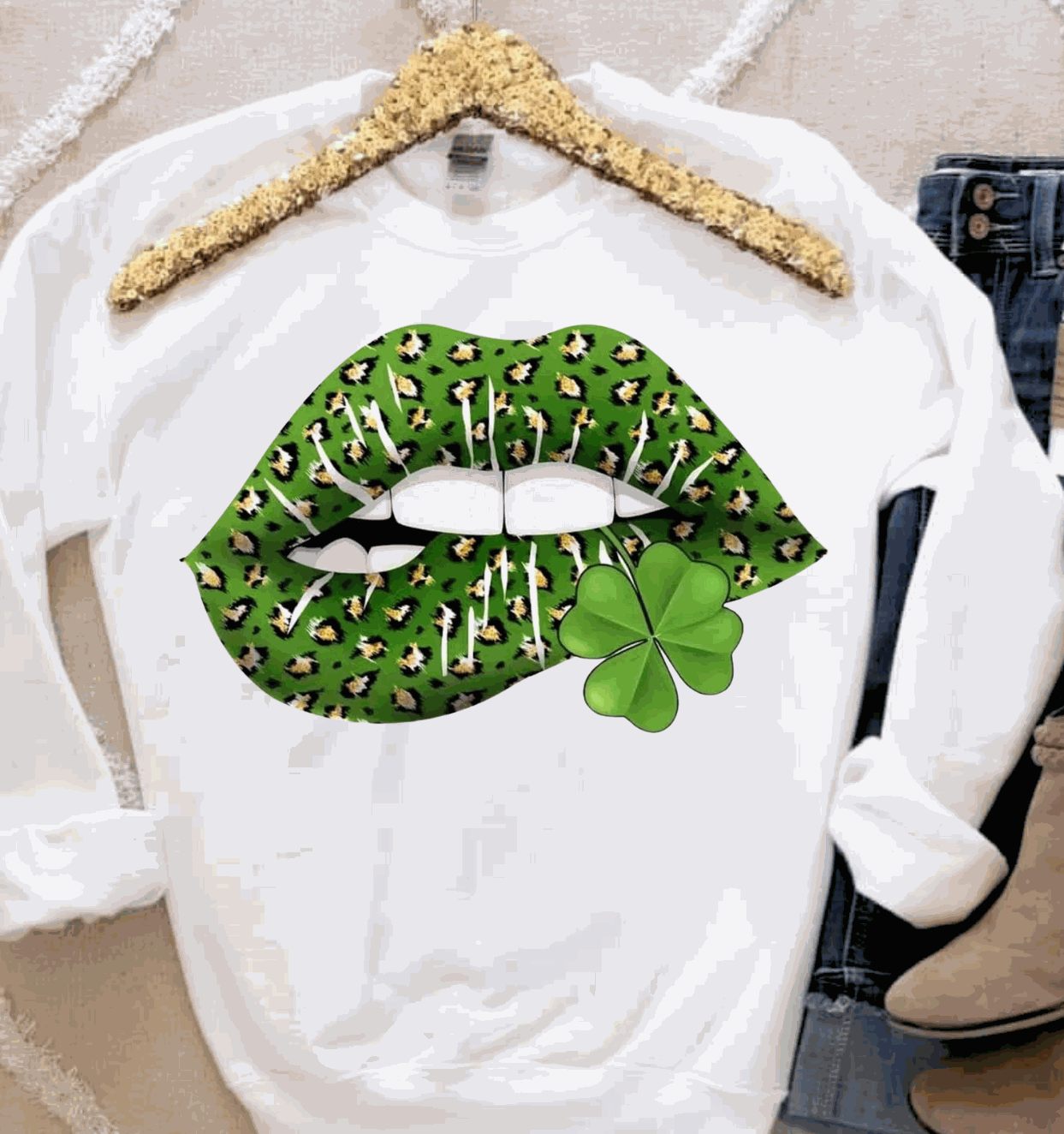 St. Patrick's Day lips graphic on a stylish shirt for holiday fun