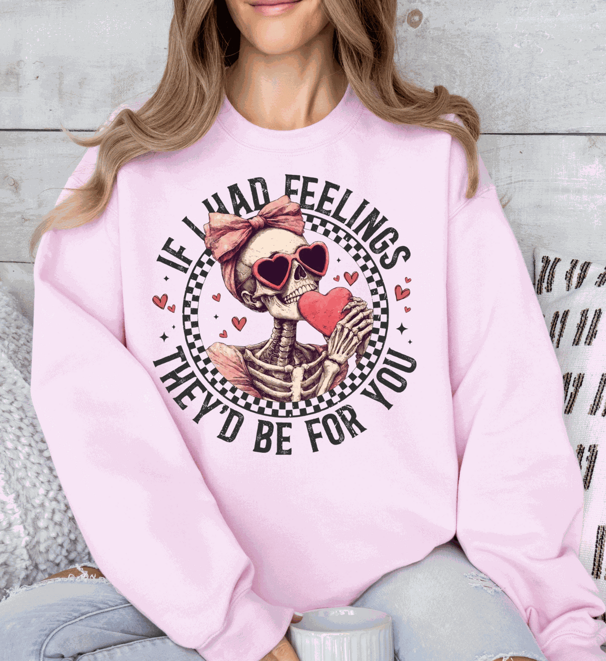 Skeleton shirt with "If I Had Feelings They'd Be For You" text, spooky style