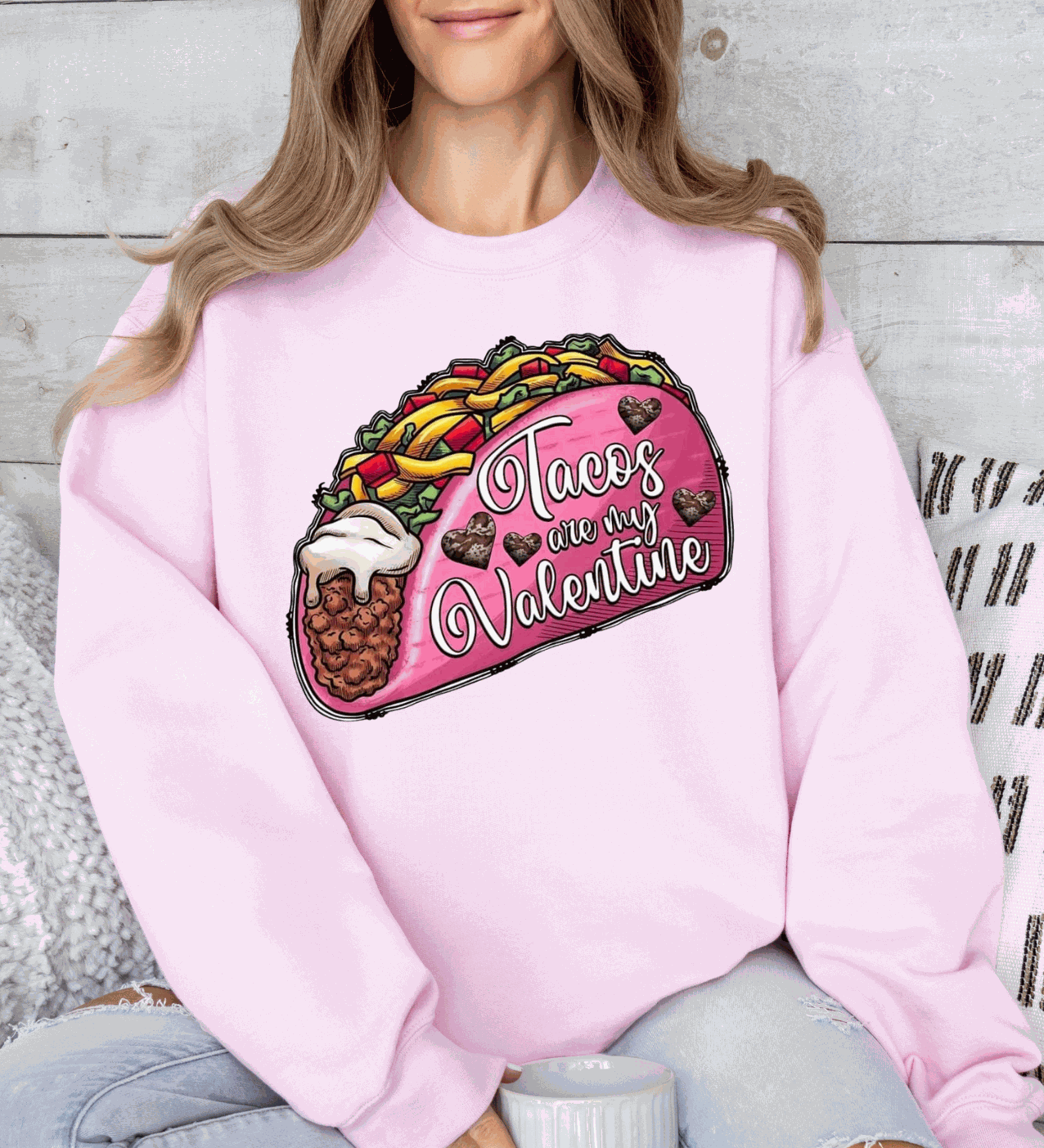 Tacos Are My Valentine shirt with fun taco graphic and playful text