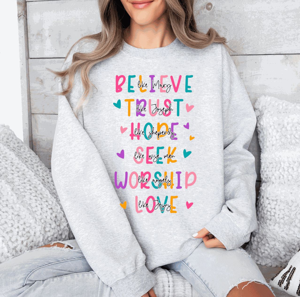Quirky shirt with Bible verses showcasing trust, hope, seek, worship, and love for believers